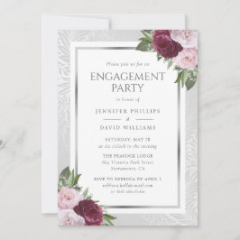 Invitación Burgundy Rubor y Silver Floral Engagement Party
