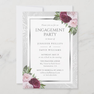 Invitación Burgundy Rubor y Silver Floral Engagement Party