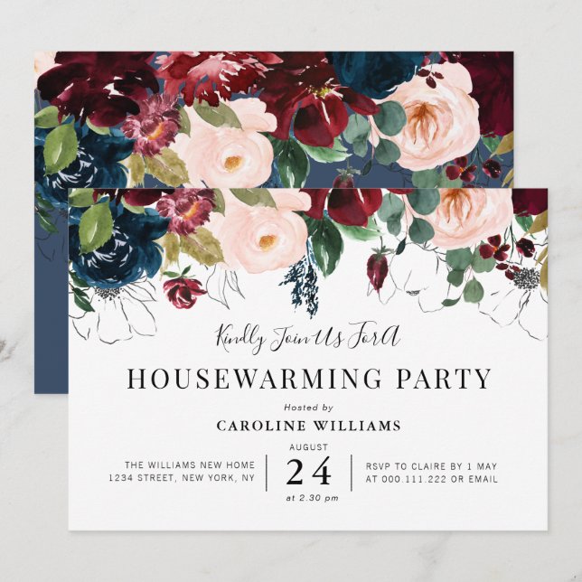Invitación burgundy ruborizado fiesta de limpieza floral (Anverso / Reverso)