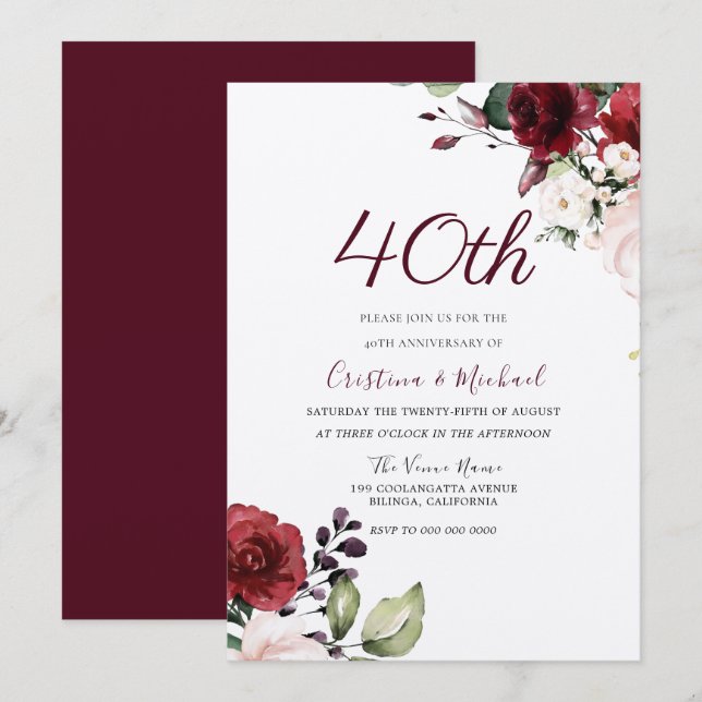 Invitación Burgundy Ruby Red Floral 40º aniversario Boda (Anverso / Reverso)