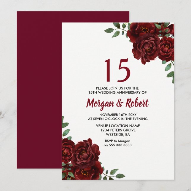 Invitación Burgundy Ruby Red Rose 15° Aniversario del Boda (Anverso / Reverso)