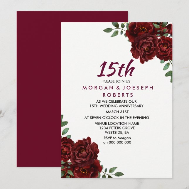 Invitación Burgundy Ruby Red Rose 15° Aniversario del Boda (Anverso / Reverso)