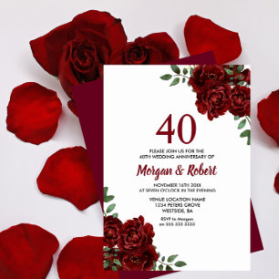 Invitación Burgundy Ruby Red Rose 40th Wedding Anniversary