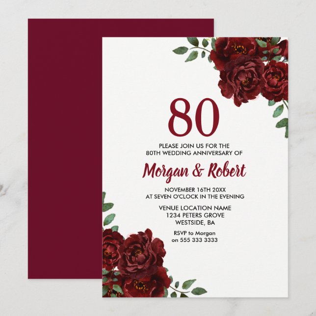 Invitación Burgundy Ruby Red Rose 80º Aniversario Boda (Anverso / Reverso)
