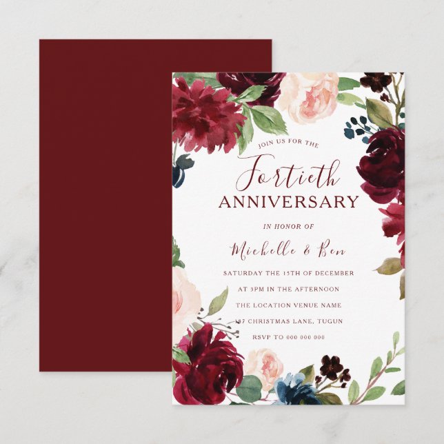 Invitación Burgundy Ruby Rojo Floral 40 Aniversario de Boda (Anverso / Reverso)
