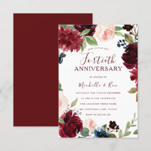 Invitación Burgundy Ruby Rojo Floral 40 Aniversario de Boda