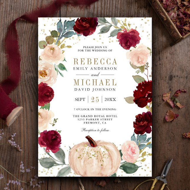 Invitación Burgundy ruidoso y Boda de calabaza floral de cada (Subido por el creador)
