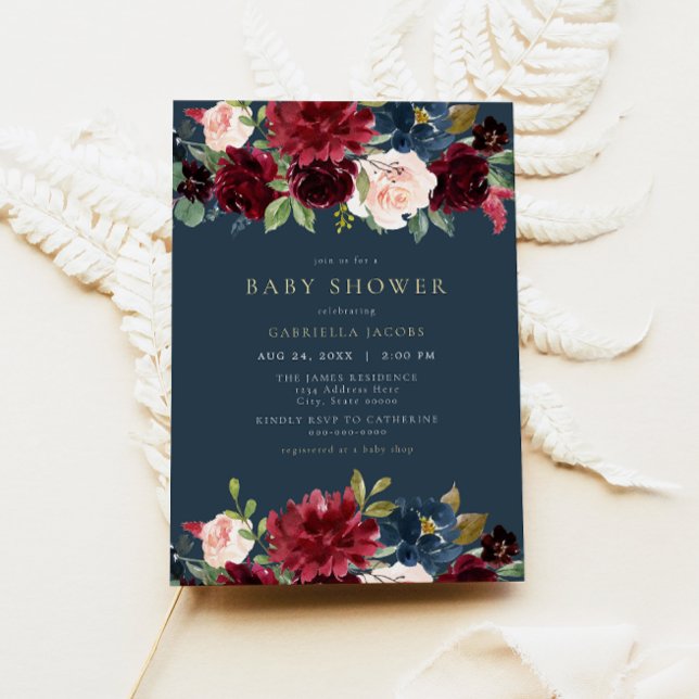 Invitación Burgundy ruso y Baby Shower floral de la marina (Subido por el creador)