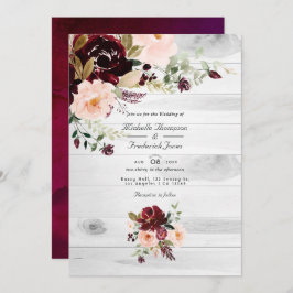 Invitación Burgundy ruso y Boda de código QR floral de Rubor