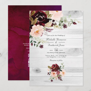 Invitación Burgundy ruso y Boda de código QR floral de Rubor