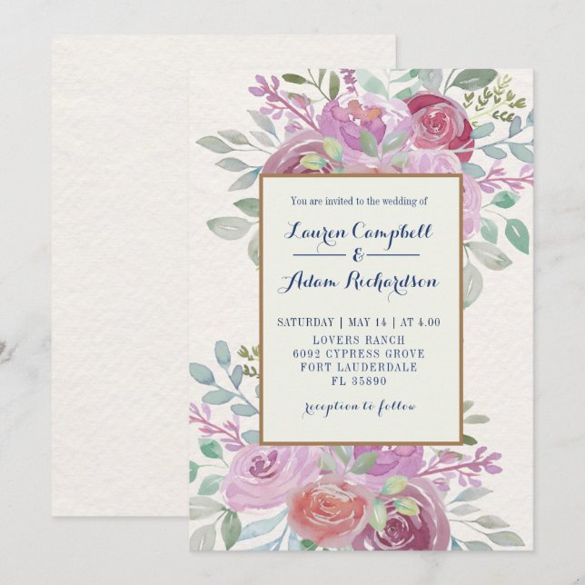 Invitación Burgundy ruso y la acuarela rosa rosada de Rubor (Anverso / Reverso)