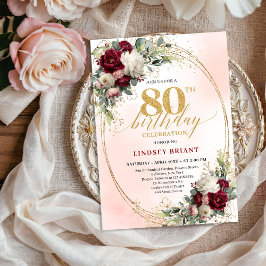 Invitación Burgundy Rustic Boho Floral 80th Birthday Invite