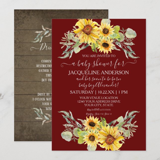 Invitación Burgundy Rustic Sunflower Drive De Boy Baby Shower (Anverso / Reverso)