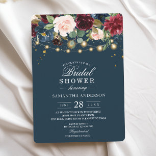 Invitación Burgundy Rústico Flores y Luces Azules y Rojas