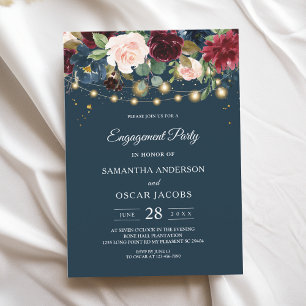 Invitación Burgundy Rústico Flores y Luces Azules y Rojas