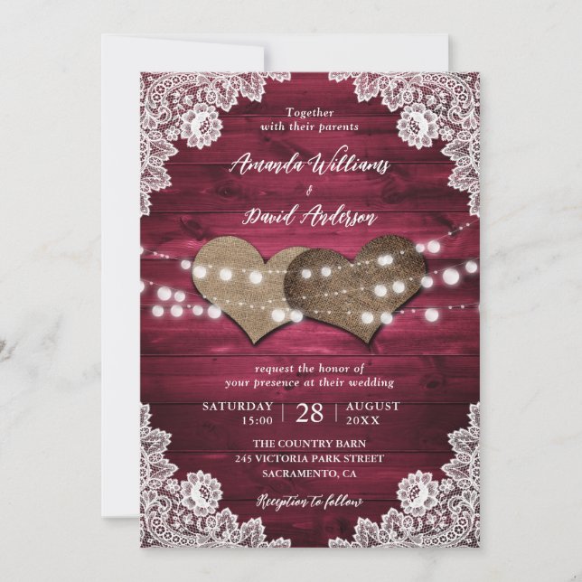 Invitación Burgundy Rústico Madera Burlap Lace Luces Boda (Anverso)