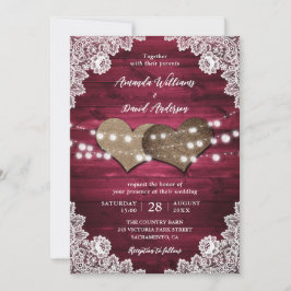 Invitación Burgundy Rústico Madera Burlap Lace Luces Boda