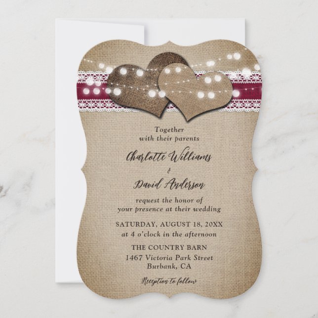 Invitación Burgundy Rústico País Burlap Boda (Anverso)