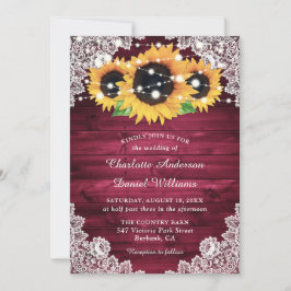 Invitación Burgundy Rústico Wood Lace Sunflower Boda