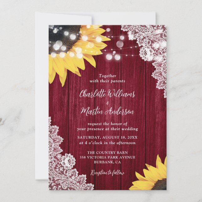 Invitación Burgundy Rústico Wood Lace Sunflower Boda (Anverso)
