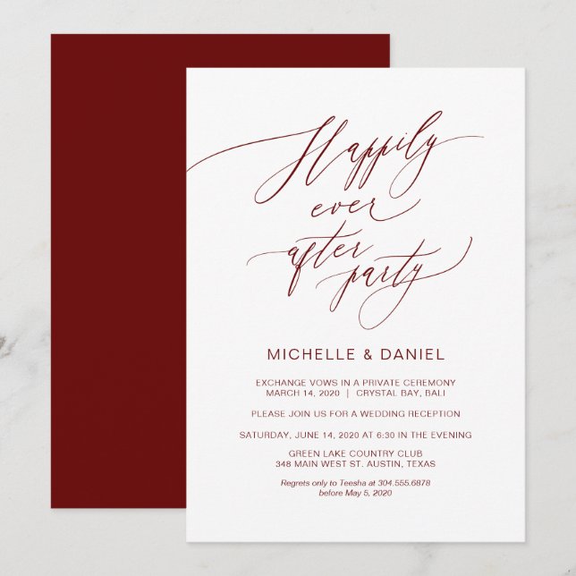 Invitación Burgundy Script Romántico, Boda Elopement (Anverso / Reverso)