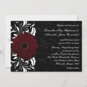 Invitación Burgundy Scroll Gerbera Daisy con negro y blanco