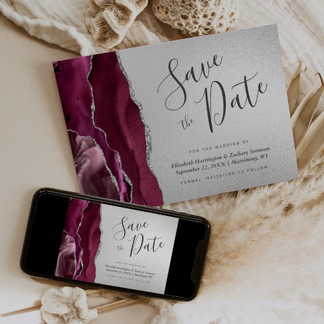 Invitación Burgundy Silver Agata Azul Marino Save the Date (Subido por el creador)