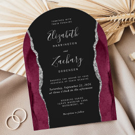 Invitación Burgundy Silver Agate Dark Arch Shape Wedding