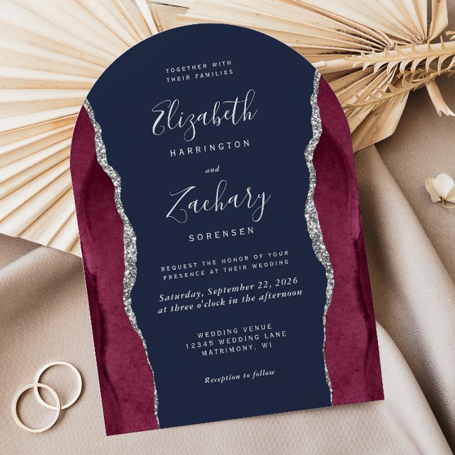 Invitación Burgundy Silver Agate Navy Blue Arch Shape Wedding (Subido por el creador)