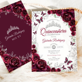 Invitación Burgundy Silver Floral Quinceanera