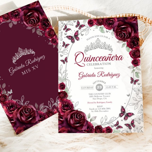 Invitación Burgundy Silver Floral Quinceanera (Subido por el creador)
