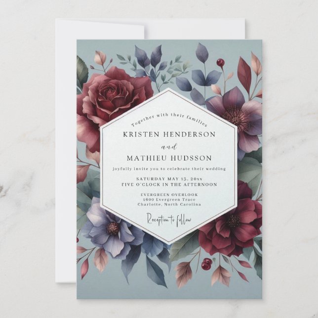 Invitación Burgundy & Slate Moody Bloom Wedding (Anverso)