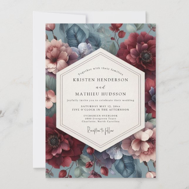 Invitación Burgundy Slate Moody Flora Wedding (Anverso)