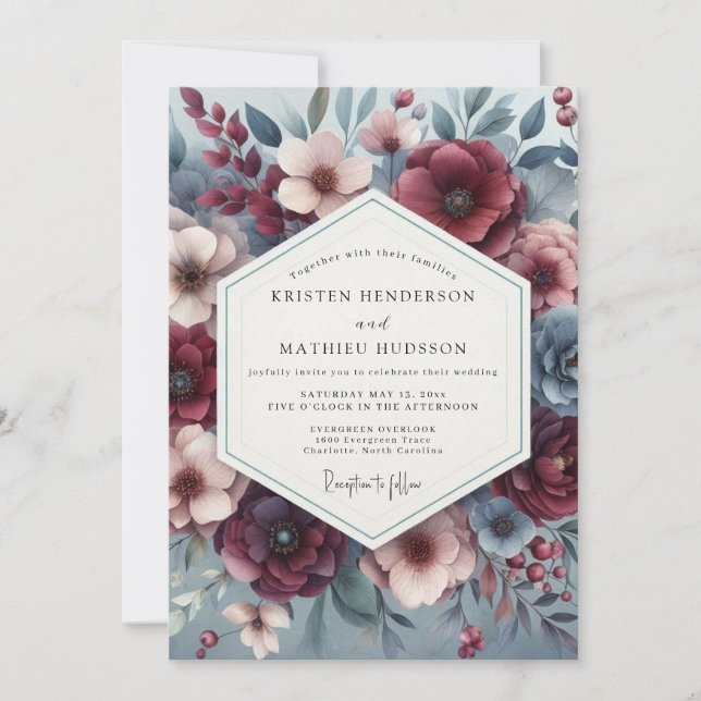 Invitación Burgundy & Slate Poetic Bloom Wedding (Anverso)