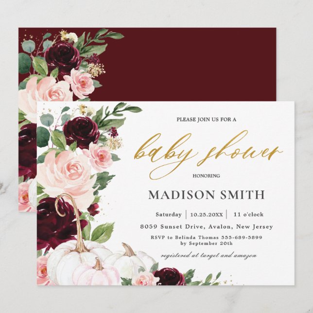 Invitación Burgundy Soft Rubor Floral Pumpkins Baby Shower (Anverso / Reverso)