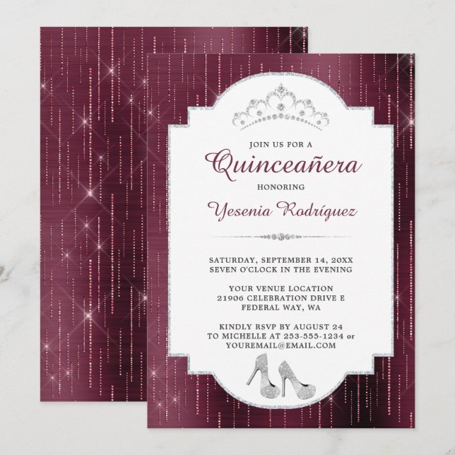 Invitación Burgundy Sparkle Diamond Tiara Quinceañera (Anverso / Reverso)