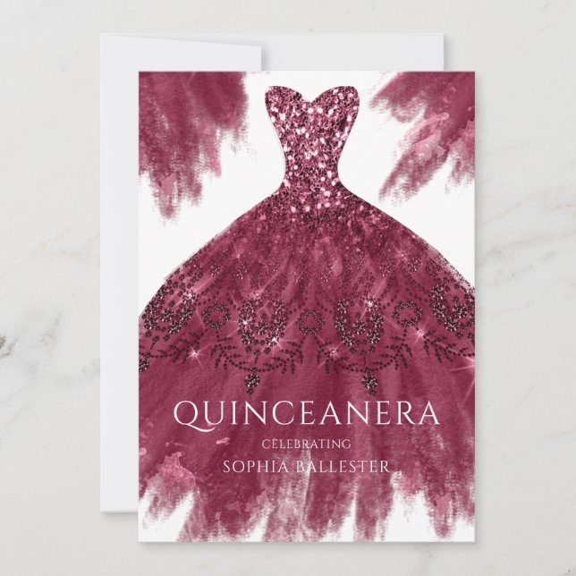 Invitación Burgundy Sparkle Vestido elegante vestido Quincean (Anverso)
