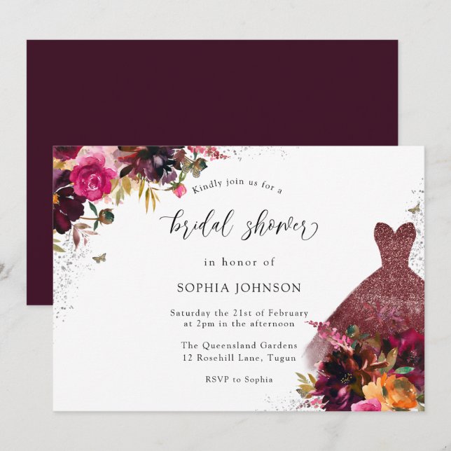 Invitación Burgundy Sparkle Vestido Floral Bridal Shower (Anverso / Reverso)