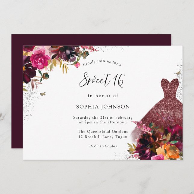 Invitación Burgundy Sparkle Vestido Floral Dulce 16 Fiesta (Anverso / Reverso)