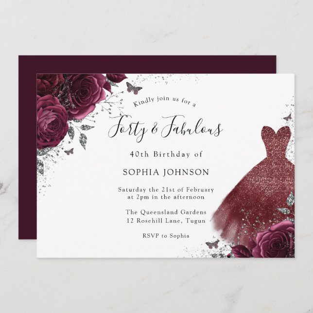 Invitación Burgundy Sparkle Vestidos Rosas Cuarenta y Fabulos (Anverso / Reverso)