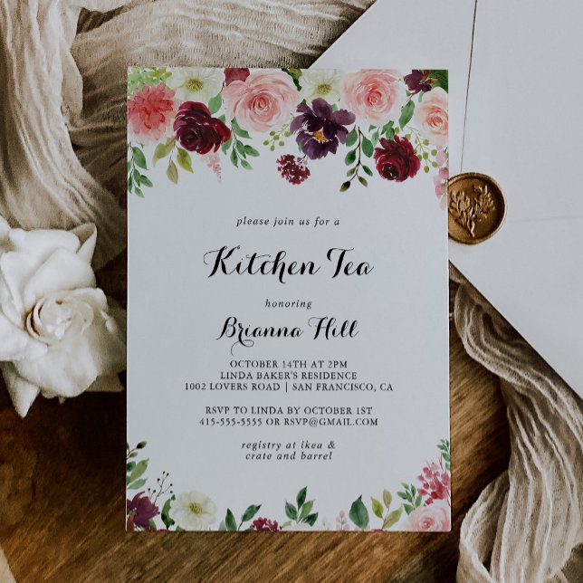 Invitación Burgundy Spring Floral Kitchen Tea Bridal Shower (Subido por el creador)