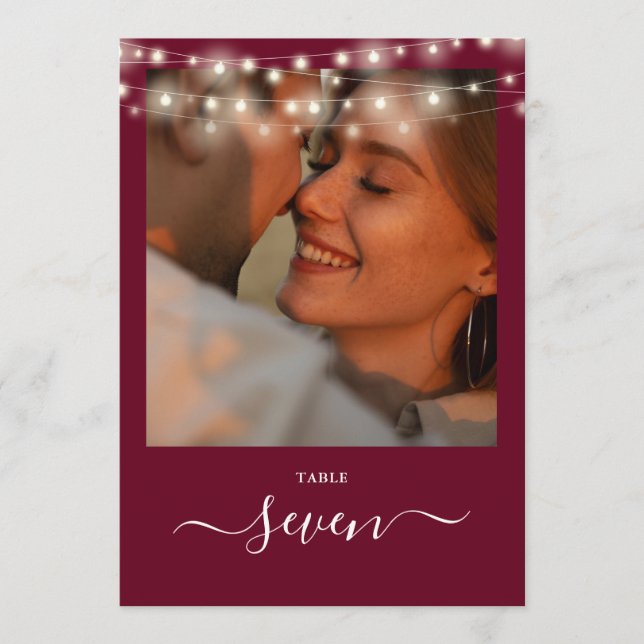 Invitación Burgundy String Lights Photo Table Number (Anverso)