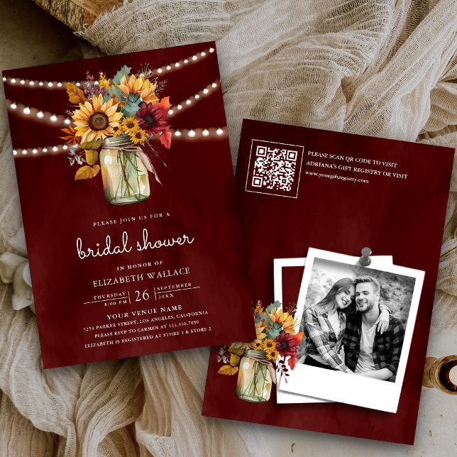Invitación Burgundy Sunflower Foto QR Código QR Ducha de novi (Subido por el creador)