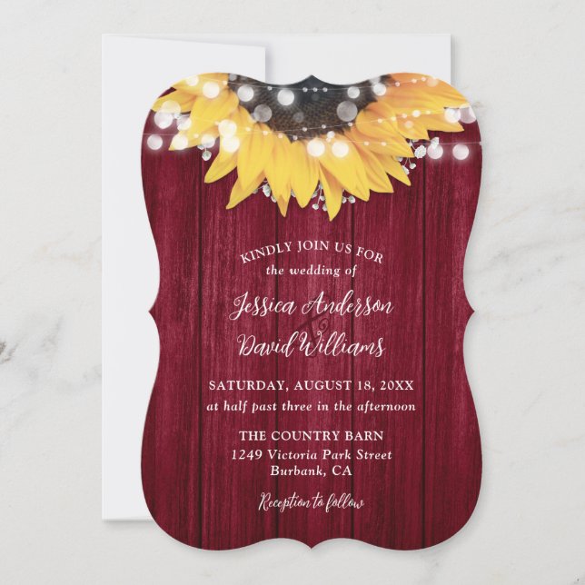 Invitación Burgundy Sunflower Rustic Barn Wood Boda (Anverso)