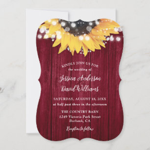 Invitación Burgundy Sunflower Rustic Barn Wood Boda