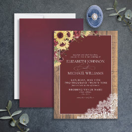 Invitación Burgundy Sunflower Rustic Wood Script Boda
