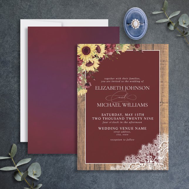 Invitación Burgundy Sunflower Rustic Wood Script Boda (Subido por el creador)