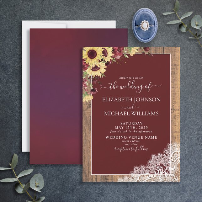Invitación Burgundy Sunflower Rustic Wood Script Boda (Subido por el creador)