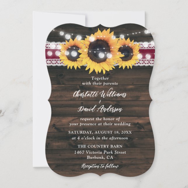 Invitación Burgundy Sunflower String Lights Lace Wood Wedding (Anverso)