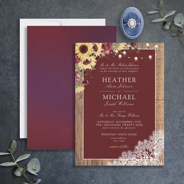 Invitación Burgundy Sunflower Wood Lace Script Boda (Subido por el creador)